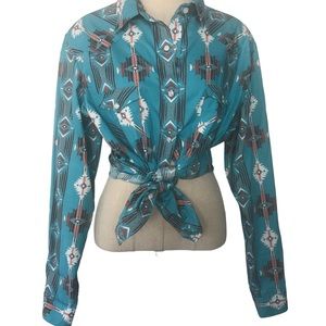 Western Cowgirl Blouse Blue Camel Size Large Women NWOT